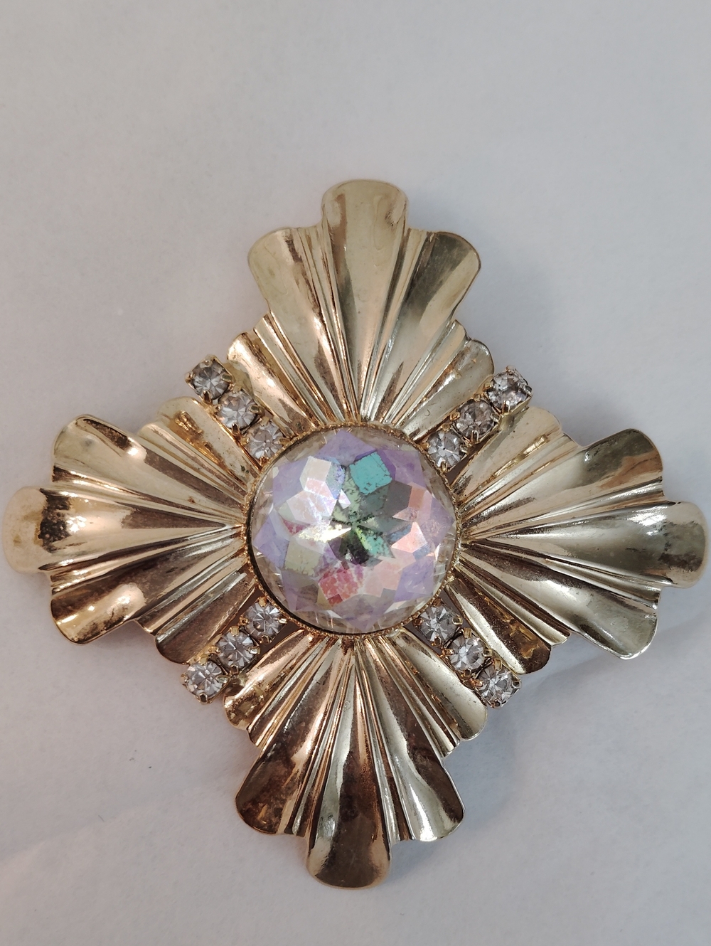 Vintage HOBE Gold-Tone Aurora Stone Floral Cross Brooch
